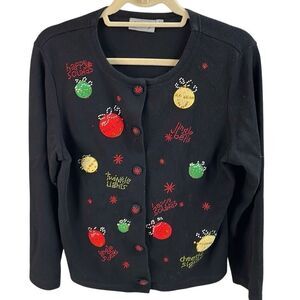 CORAL BAY Women’s Button Up Christmas Holiday Applique Bling Sweater Size Large